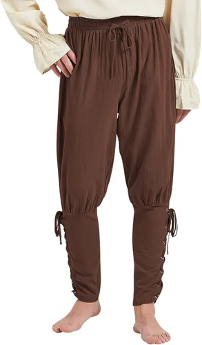 Vista 7 de Zando Pantalones piratas para hombre, pantalones renacentistas medievales, vikingos, pantalones de cosplay con cordones