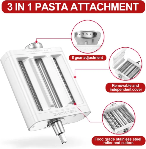 Vista 6 de RETHONE Accesorio para hacer pasta para batidoras de pie KitchenAid, juego de accesorios de pasta 3 en 1, incluye rodillo de pasta, cortador