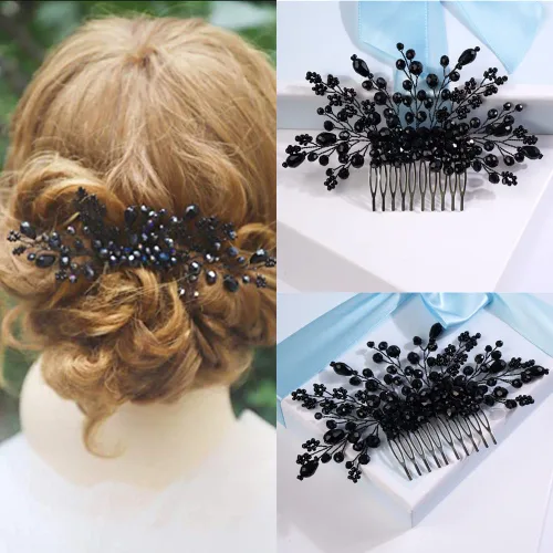 Vista 6 de Missgrace Mujeres nupcial boda hecho a mano cristales negros lado pelo peine ocasión especial tocado negro mujeres accesorios para el cabello