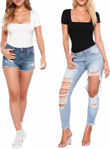 Vista 4 de MANGOPOP - Camisetas de manga corta o manga larga con cuello cuadrado para mujer