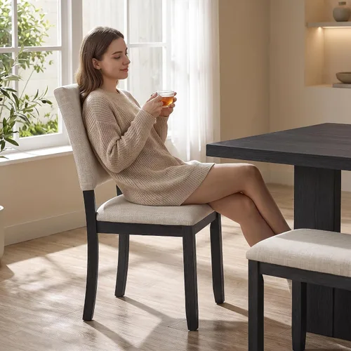 Vista 8 de Juego de mesa de comedor de 6 piezas con banco y 4 sillas Negro Beige-1