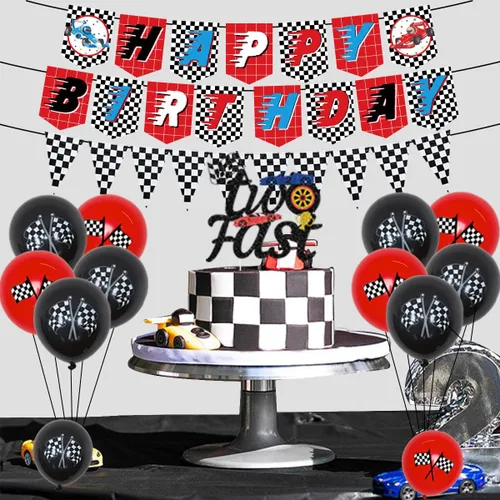 Vista 3 de Sursurprise Suministros para fiesta de 2º cumpleaños de coche de carreras, dos globos rápidos, decoración de pastel, pancarta de feliz cumpleaños