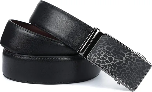 Vista 2 de iCuviy Cinturones de vestir de cuero genuino con trinquete deslizante para hombres, adecuados para el trabajo, negocios, cinturón de hebilla