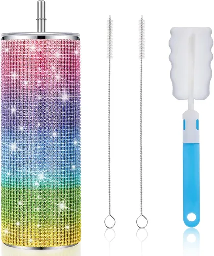 Vista 16 de Tessco Vasos Tumbler con Pedrería Brillante con Pajita Botella de Agua con Purpurina Tumbler de Pajita de Acero Inoxidable Vaso Aislado con Pedrería