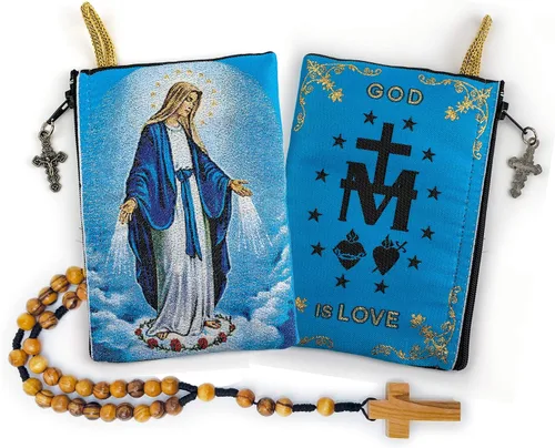 Vista 16 de Bolsa de rosario con cuerda católica de madera de olivo, rosario de Israel, Jesús Rey del Universo y creo en Dios, tela tejida, estilo tapiz, bolsa