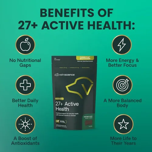 Vista 5 de VetriScience 27+ Active Health Chews, Multivitaminas diarias para caninos Plus para cachorros y perros adultos, vitaminas equilibradas, minerales