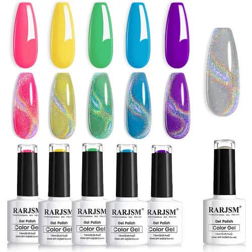 Vista 11 de RARJSM Juego de esmaltes de gel holográfico, color verde turquesa, kit de esmalte de uñas de gel con purpurina, colección de verano, 6
