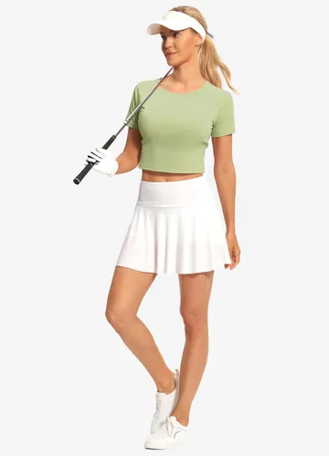 Vista 6 de Hiverlay Camiseta corta de entrenamiento de manga corta para mujer, camiseta básica atlética recortada, para yoga, gimnasio, casual, para correr