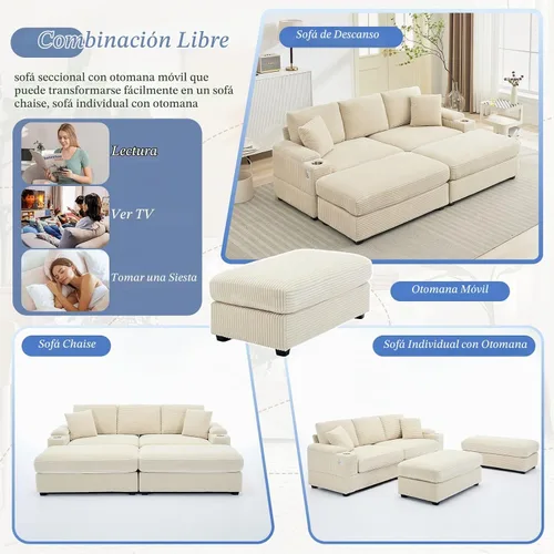 Vista 4 de Sofá seccional de 86.6 pulgadas con 2 otomanas, cómodo sofá convertible modular Cloud tapizado de pana con portavasos y USB, almacenamiento