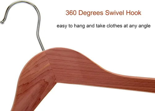 Vista 5 de Perchas de madera de cedro rojo americano, perchas de madera para vestidos, muescas de corte suave, gancho flexible de 360°, barra antideslizante