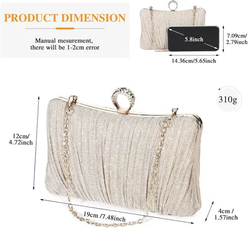 Vista 3 de UBORSE Elegante bolso de embrague plisado con purpurina para mujer, formal, para novia, boda, graduación, cóctel, fiesta, bolso
