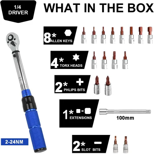 Vista 3 de Juego de llaves dinamométricas para bicicleta, llave dinamométrica de 1/4 pulgadas de 2 a 24 Nm Bicycle Torque Wrench for MTB Mountain Road Bikes