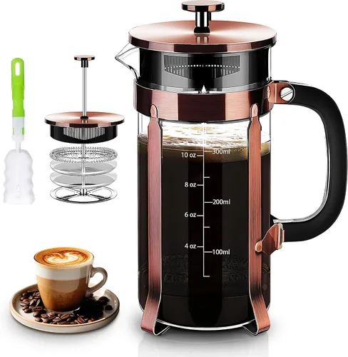 Vista 9 de YMMIND - Cafetera de prensa francesa de 34 onzas, cafetera de espresso de 5 tazas, cafetera de cobre para café frío con resistencia al calor y Ámbar