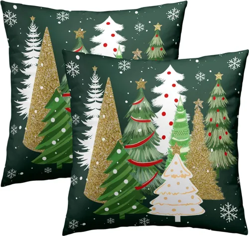 Vista 35 de Fundas de Almohada de Bosque de Pinos 22x22 Juego de 2, Fundas de Almohada Decorativas de Árboles de Abeto y Cedro Verde Nieve Beige de Invierno