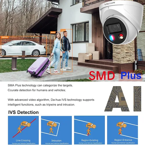 Vista 5 de VIKYLIN 4K 8MP POE IP AI Wizsense Cámara, DMSS/SmartPss Lite, disuasión activa con audio bidireccional, visión nocturna inteligente de doble luz