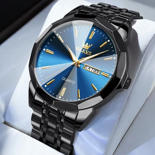 Vista 3 de OLEVS Watch for Men Diamond Business Dress Analog Quartz Stainless Steel Waterproof Luminous Date Two Tone Luxury Casual Wrist Watch Blue