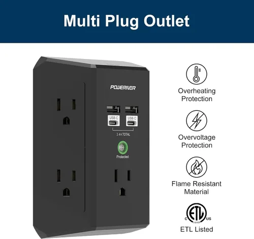 Vista 3 de POWERIVER - Extensor de sobretensiones multitoma de corriente con 5 salidas de CA y 4 puertos USB (2 USB C), 1,680 julios, divisor de salida
