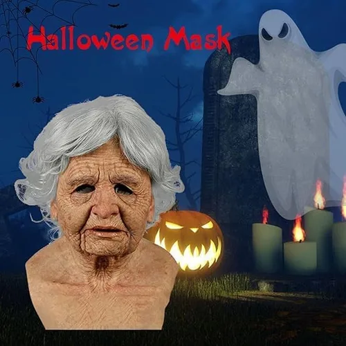 Vista 4 de Máscara de Halloween realista de anciano, máscara de látex humano espeluznante, antiarrugas de miedo para Halloween, cosplay, máscara de fiesta