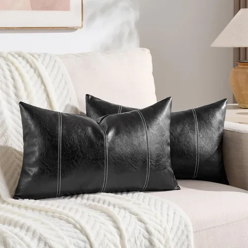 Vista 9 de Fancy Homi Paquete de 2 fundas de almohada decorativas de cuero sintético bohemio negro de 16 x 16 pulgadas para sala de estar, sofá, cama, sofá