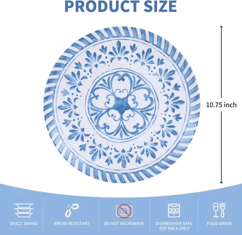 Vista 2 de Juego de platos de melamina Yinshine, juego de platos de cena de 10.75 pulgadas, juego de 6 platos azules con diseño en relieve, irrompibles, uso