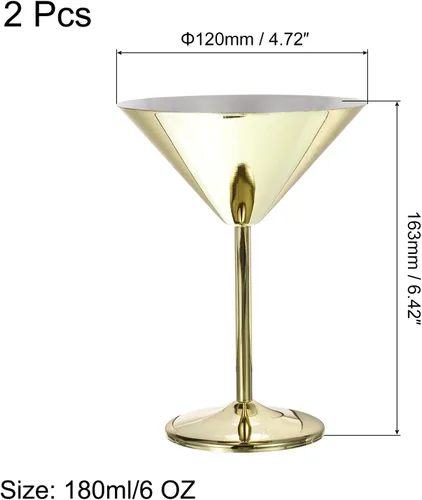 Vista 2 de uxcell Copas de cóctel de Martini de acero inoxidable, 2 unidades, 6.1 fl oz/6 onzas, vasos de Martini irrompibles, copa de vino tinto de metal a Oro
