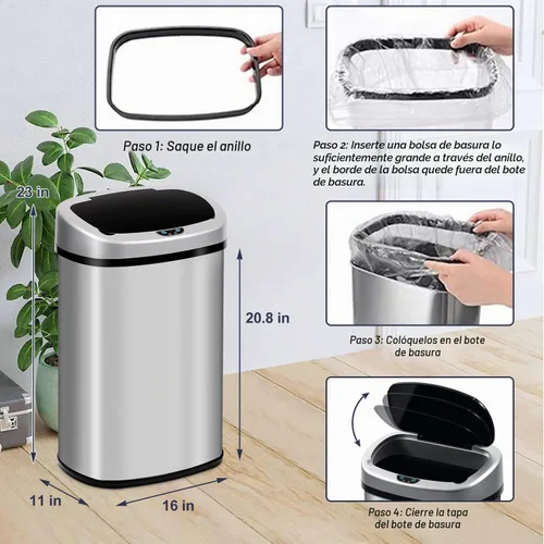 Vista 7 de Basurero de acero inoxidable automático sin tacto, con tapa para cocina, sala de estar, oficina, baño, sensor de movimiento electrónico sin contacto