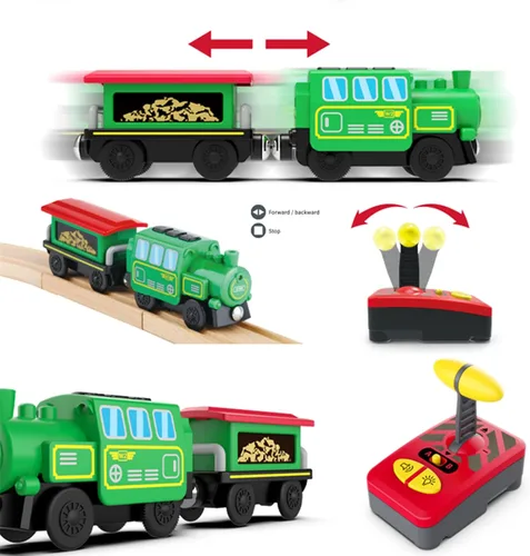 Vista 7 de Juego de tren de locomotora a pilas para pista de madera, vehículos magnéticos de control remoto eléctrico de juguete con potente luz de motor