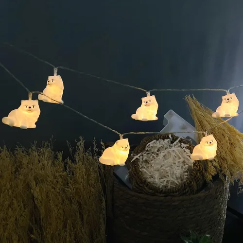 Vista 10 de Guirnalda de luces blancas de gato persa alimentadas por USB, lindo adorno de animales, luces LED de hadas para fiesta de Halloween, dormitorio Gato