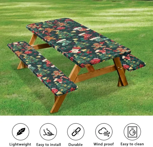 Vista 6 de Juego de 3 calcetines de árbol de Navidad de dibujos animados y galletas, funda de mesa de picnic ajustable con funda de banco, manteles Calcetines