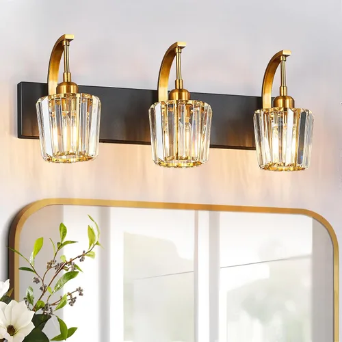 Vista 42 de Luces de tocador de cristal de 3 luces negras para tocador de baño, modernas lámparas de baño de cristal sobre espejo de 23.62 pulgadas de largo