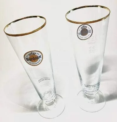 Vista 3 de Warsteiner Vidrio Pilsner con borde dorado 0,2 L Das Einzig Wahre 1753 Par de dos (2) Nuevo