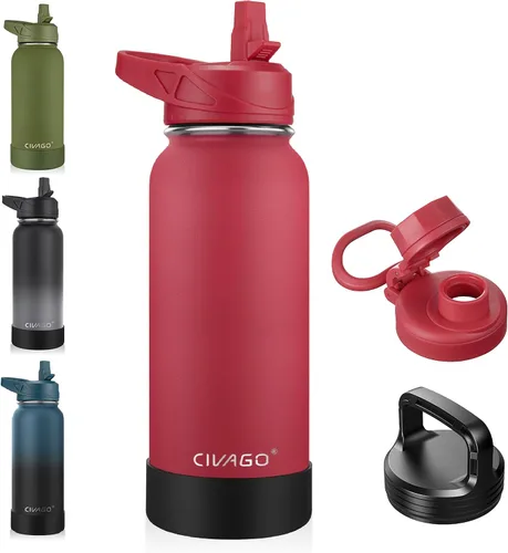 Vista 46 de CIVAGO Botella de agua aislada de 22 onzas con pajita, frasco de agua deportiva de acero inoxidable con 3 tapas