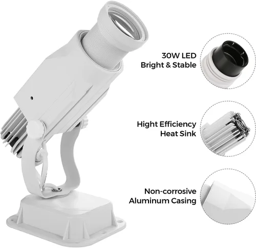 Vista 3 de HILITING - Proyector LED GOBO de 30 W, proyector de logotipo publicitario de 2400 lúmenes, incluye GOBO de vidrio personalizado, logotipo Blanco
