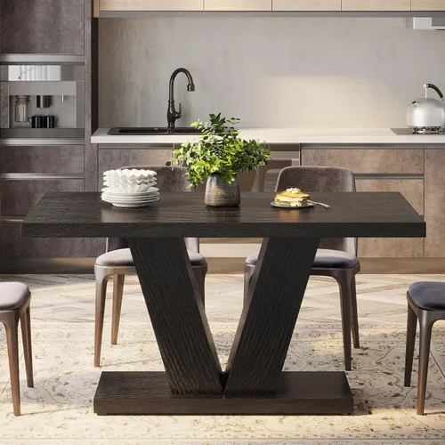 Vista 4 de Tribesigns Mesa de comedor de 47 pulgadas para 4, mesa de comedor de cocina negra con pedestal resistente, mesa de comedor de madera de granja