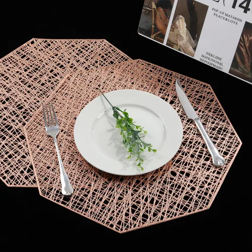 Vista 4 de fanquare Juego de 6 manteles individuales de color oro rosa de 15.2 pulgadas, manteles individuales octogonales metálicos de PVC, antideslizantes