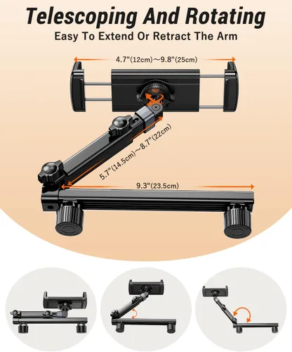 Vista 4 de Soporte para tablet con brazo de extensión para reposacabezas de automóvil, soporte ajustable para iPad para asiento trasero de automóvil, orientado