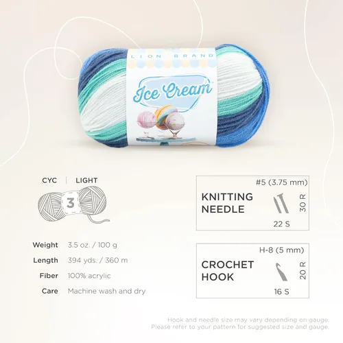 Vista 4 de Lion Brand Yarn, Hilo para Bebé Ice Cream para tejer, ganchillo y manualidades, Baseball Nut, 1 paquete, fibra acrílica colorida de peso DK