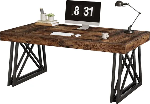 Vista 9 de Tribesigns Escritorio ejecutivo de 63 pulgadas, escritorio para computadora de oficina de granja con patas resistentes en forma de X, mesa