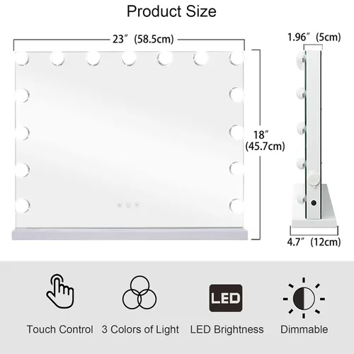 Vista 7 de Espejo de tocador de maquillaje con luces, 10 x 15 bombillas LED regulables, 3 modos de color, control táctil para dormitorio, mesa o pared