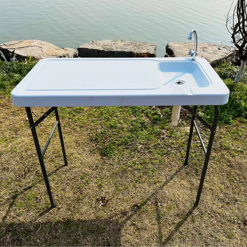 Vista 2 de Mesa plegable de grado comercial de 3.8 pies, mesa de limpieza con fregadero y grifo, plegable por la mitad moldeada por soplado, portátil