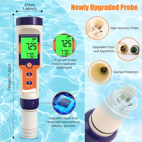 Vista 7 de Probador digital de sal de piscina 7 en 1 pH, ORP, Salinity, TDS, EC, Temperature Meter, For Saltwater Pools, Hot Tubs, Spas, Aquariums, Azul