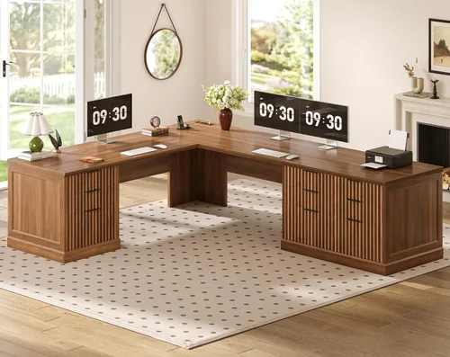 Vista 21 de SEDETA Escritorio ejecutivo en forma de L de granja de 67 pulgadas con Negro+marrón