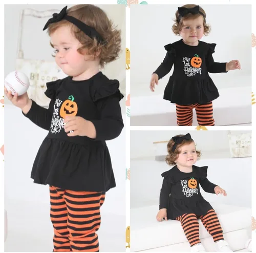 Vista 3 de Noubeau My 1st Halloween Baby Girl Outfits Ruffle Pumpkin Print Túnica Drees Camisa Pantalones Rayas Legging Otoño Invierno Ropa