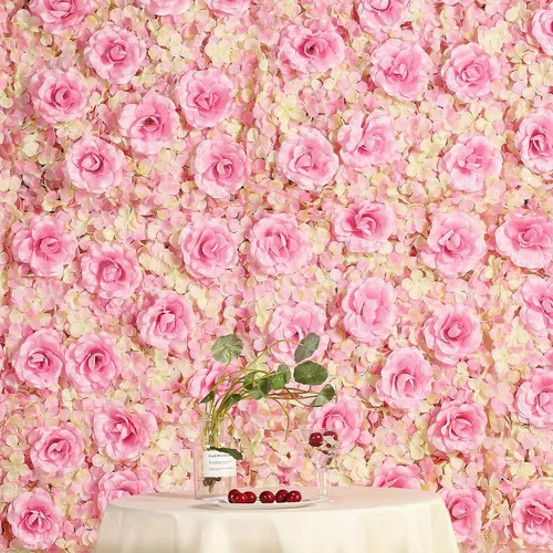 Vista 9 de Paquete de 12 tapetes artificiales de follaje sintético de 33 pies cuadrados, panel de hortensias y rosas, telón de fondo de flores para boda, Crema