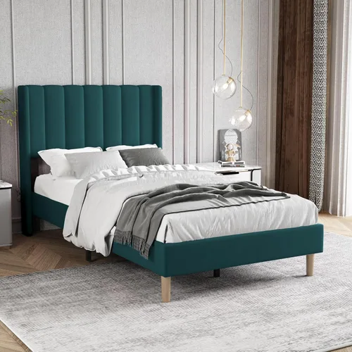 Vista 12 de Base de cama tapizada de tamaño individual con cabecero, listones de madera fuertes, no necesita somier, fácil montaje, terciopelo beige