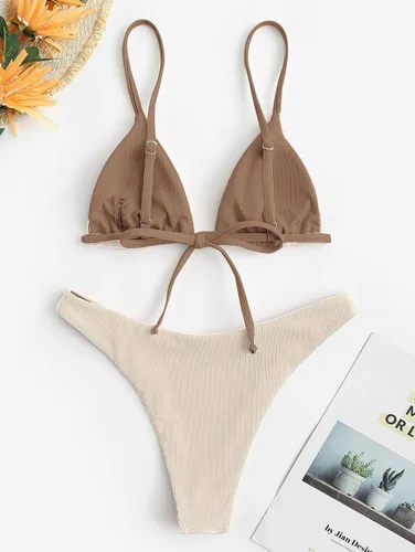 Vista 3 de ZAFUL Conjunto de bikini triangular acanalado para mujer, bikini atrevido con bloques de color, traje de baño brasileño