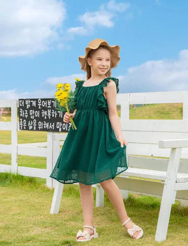 Vista 3 de EISHOPEER Vestidos para niñas de 5 a 13 años con mangas con volantes y lunares suizos, estilo casual, acampanado, vestido de fiesta estilo patinadora