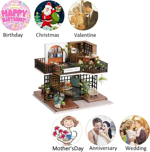 Vista 3 de Mini casa de muñecas en miniatura de madera, tienda de té del bosque, escena, modelo de construcción, casa de juguete con luces LED y cubierta