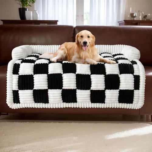 Vista 9 de LiveGo Fundas mullidas para sofá para mascotas, funda de sofá mullida, funda de sofá mullida color crema, cuadrada, a cuadros, alfombra de felpa