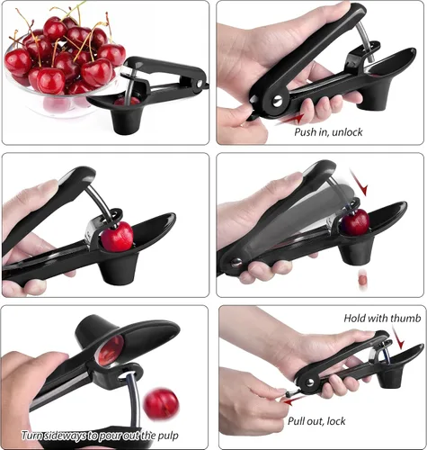 Vista 2 de Cherry Pitter, Brighoot - Herramienta de acero inoxidable para descorazonador de cerezas con diseño de cerradura para hacer mermelada de cereza